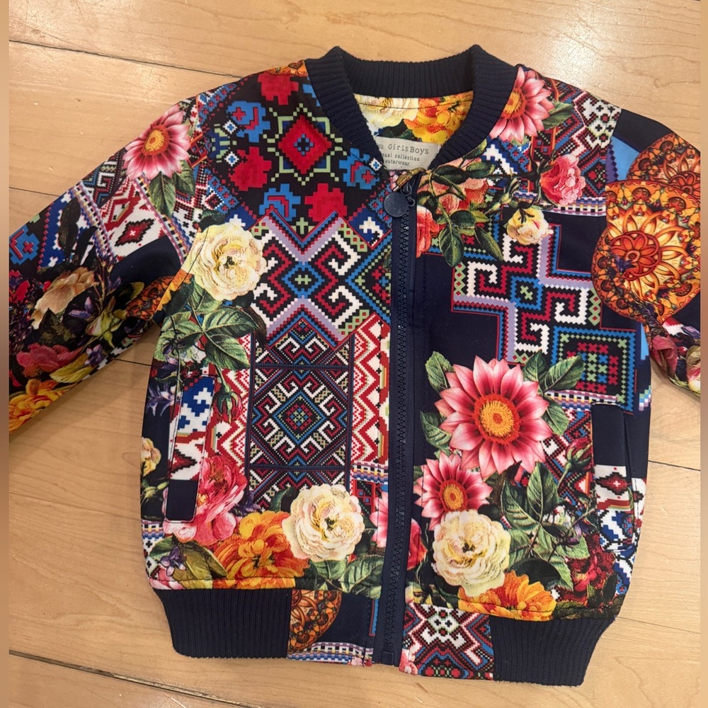ZUSU Unisex Navy Floral & Geo Print Bomber Jacket size 2/3